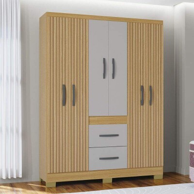 Roupeiro Solteiro Mil�o 1.35m Damasco/Off Ripado 6 Portas 2 Gavetas C/P�s - Poquema