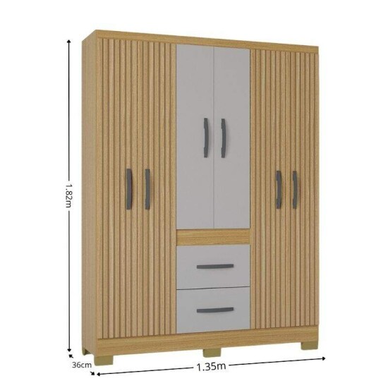 Roupeiro Solteiro Mil�o 1.35m Damasco/Off Ripado 6 Portas 2 Gavetas C/P�s - Poquema
