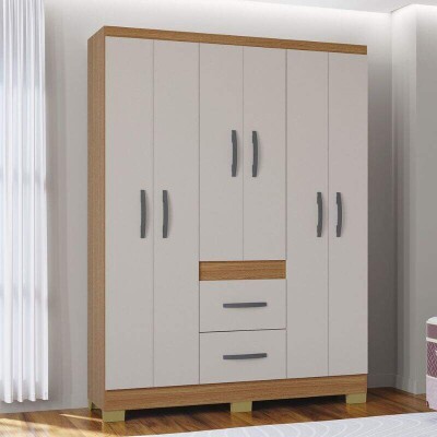 Roupeiro Solteiro Mil�o 1.35m Cinamomo/Off 6 Portas 2 Gavetas C/P�s - Poquema