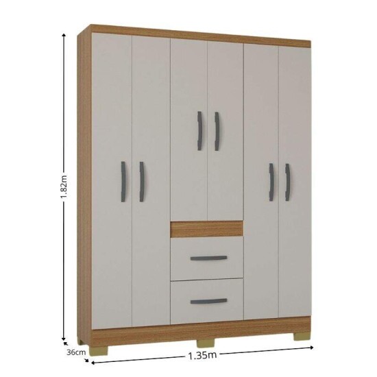 Guarda-roupa Solteiro 1,35m Mil�o Cinamomo/Off 6 Portas 2 Gavetas com P�s - Poquema