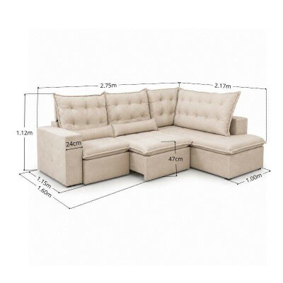 Sof� de Canto Retr�til Reclin�vel Napoles 2.75m Veludo Bege