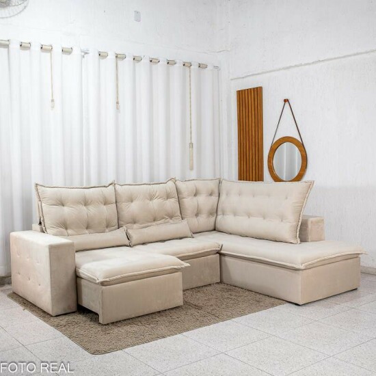 Sof� de Canto Retr�til Reclin�vel N�poles 2.75m Veludo Bege