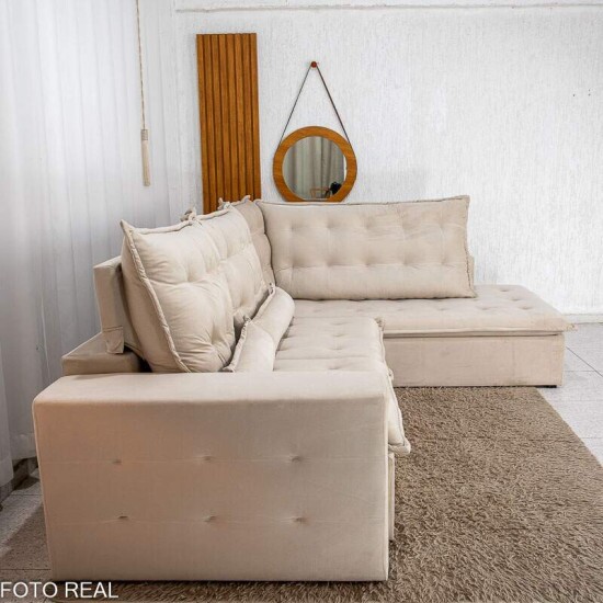 Sof� de Canto Retr�til Reclin�vel N�poles 2.75m Veludo Bege