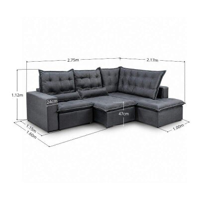 Sof� de Canto Retr�til Reclin�vel N�poles 2.75m Veludo Grafite 213/05