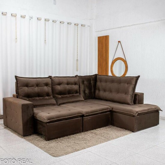 Sof� de Canto Retr�til Reclin�vel N�poles 2.75m Veludo Marrom 204/06