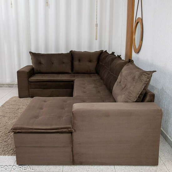 Sof� de Canto Retr�til Reclin�vel N�poles 2.75m Veludo Marrom 204/06