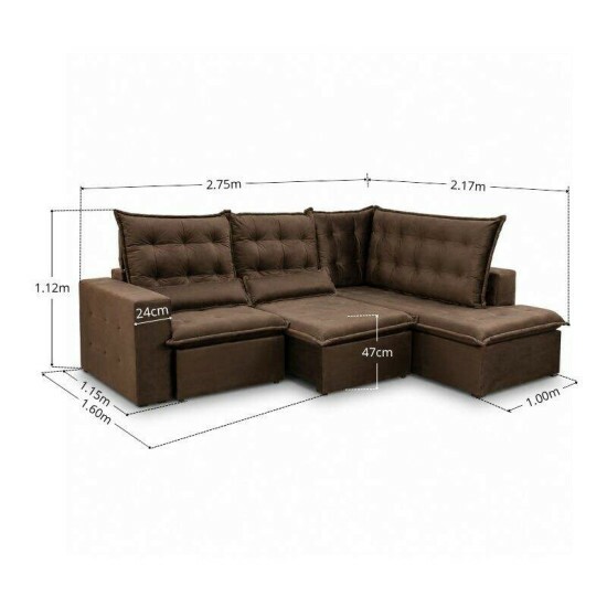 Sof� de Canto Retr�til Reclin�vel N�poles 2.75m Veludo Marrom 204/06