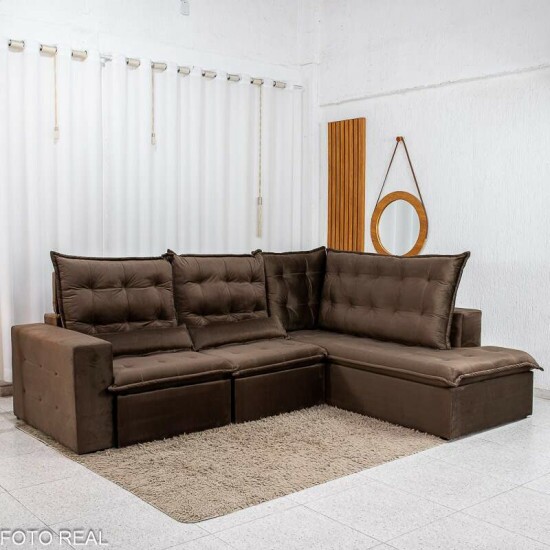 Sof� de Canto Retr�til Reclin�vel N�poles 2.75m Veludo Marrom 204/06