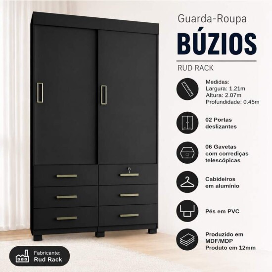 Guarda-roupa Solteiro B�zios 1.21m Preto 2 Portas 6 Gavetas - Rud Rack