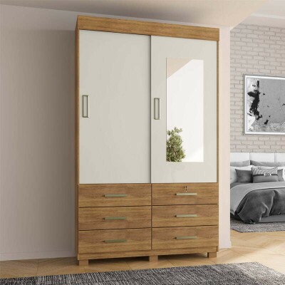 Guarda-roupa Solteiro B�zios 1.21m Cedro/Areia C/Espelho 2 Ports 6 Gavetas - Rud Rack