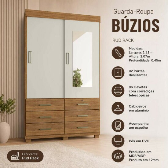Guarda-roupa Solteiro B�zios 1.21m Cedro/Areia C/Espelho 2 Ports 6 Gavetas - Rud Rack