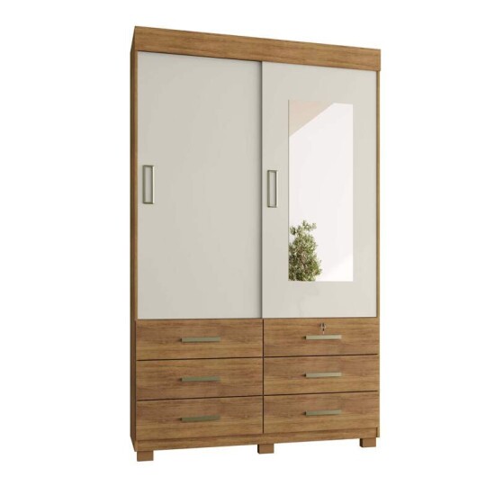 Guarda-roupa Solteiro B�zios 1.21m Cedro/Areia C/Espelho 2 Ports 6 Gavetas - Rud Rack