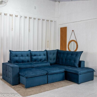 Sof� de Canto Retr�til Reclin�vel N�poles 2.75 m Veludo Azul 205/12