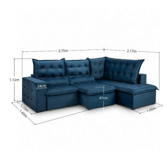 Sof� de Canto Retr�til Reclin�vel N�poles 2.75 m Veludo Azul 205/12