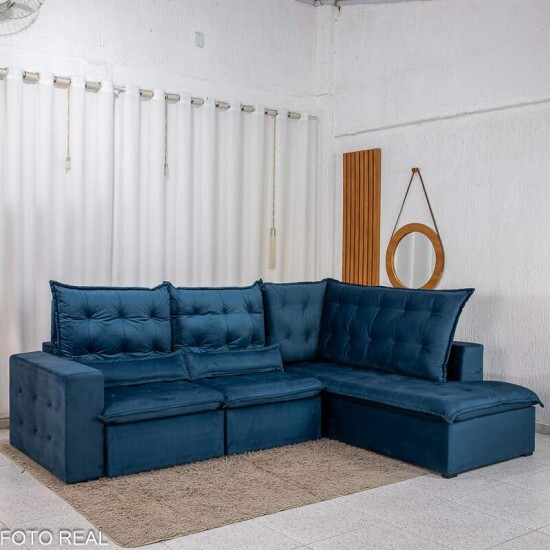 Sof� de Canto Retr�til Reclin�vel N�poles 2.75 m Veludo Azul 205/12