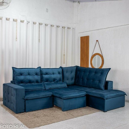 Sof� de Canto Retr�til Reclin�vel N�poles 2.75 m Veludo Azul 205/12