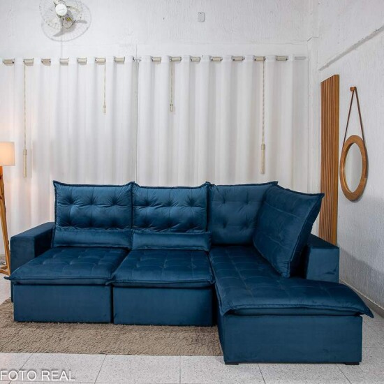 Sof� de Canto Retr�til Reclin�vel N�poles 2.75 m Veludo Azul 205/12