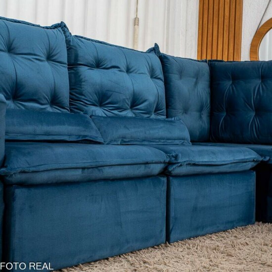 Sof� de Canto Retr�til Reclin�vel N�poles 2.75 m Veludo Azul 205/12