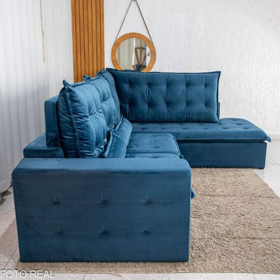 Sof� de Canto Retr�til Reclin�vel N�poles 2.75 m Veludo Azul 205/12