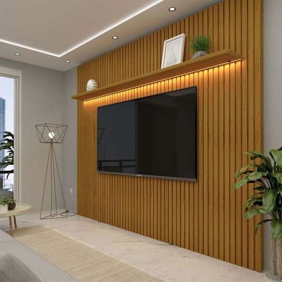 Painel Nobre Larg. 2.30m Naturale Ripado 100% MDF C/ Led para TV at� 85\\\" - Gelius