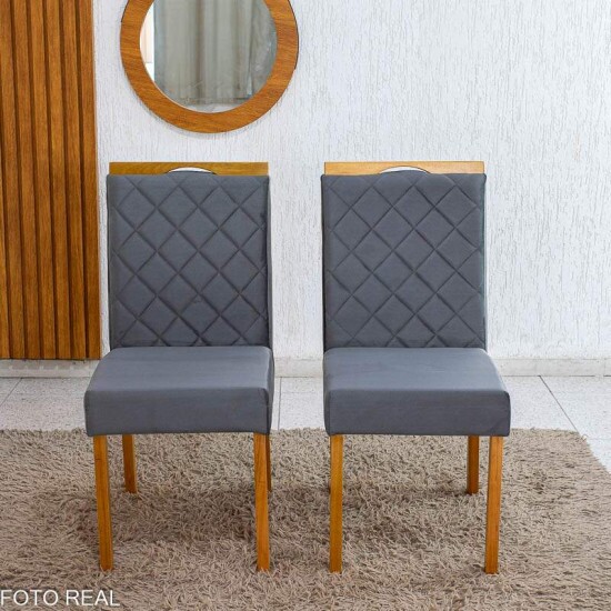 Caixa 2 Cadeiras Diamante Jolie Veludo Grafite 102 Estrutura Madeira WM Decor - Entregue Montada