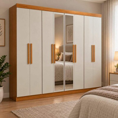 Guarda-roupa Casal 2,36m Andara Amêndoa Clean/Off 8 Portas 4 Gavetas com Espelho - Lopas