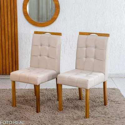 Caixa 2 Cadeiras Sophia Linho Bege 200 Estrutura Madeira WM Decor - Entregue Montada
