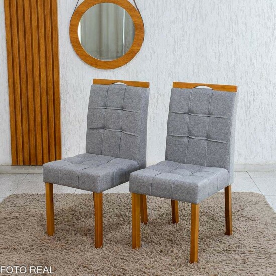 Caixa 2 Cadeiras Sophia Linho Cinza 206 Estrutura Madeira WM Decor - Entregue Montada