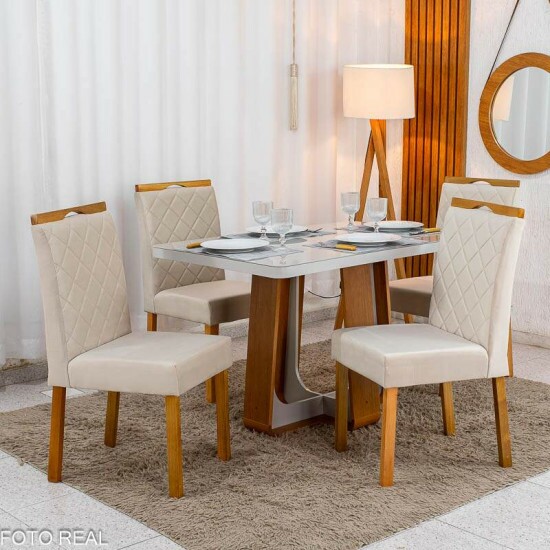 Mesa de Jantar Sintonia 120x80 Tampo Vidro Off Base Am�ndoa/Off - Lopas + 4 Cadeiras Diamante Jolie Veludo Bege 100 Madeira WM Decor - Entregue Montada