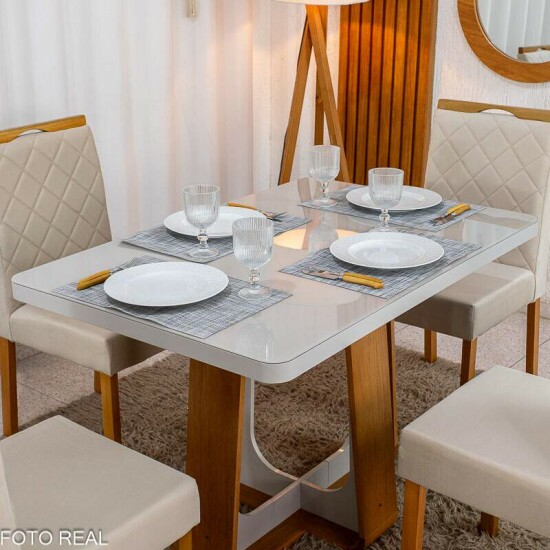 Mesa de Jantar Sintonia 120x80 Tampo Vidro Off Base Am�ndoa/Off - Lopas + 4 Cadeiras Diamante Jolie Veludo Bege 100 Madeira WM Decor - Entregue Montada