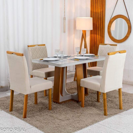 Mesa de Jantar Sintonia 120x80 Tampo Vidro Off Base Am�ndoa/Off - Lopas + 4 Cadeiras Diamante Jolie Veludo Bege 100 Madeira WM Decor - Entregue Montada