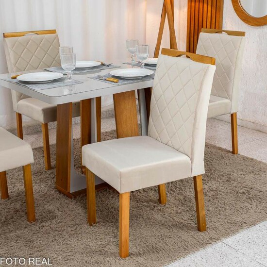 Mesa de Jantar Sintonia 120x80 Tampo Vidro Off Base Am�ndoa/Off - Lopas + 4 Cadeiras Diamante Jolie Veludo Bege 100 Madeira WM Decor - Entregue Montada