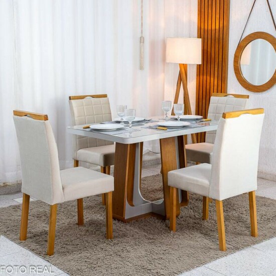 Mesa de Jantar Sintonia 120x80 Tampo Vidro Off Base Am�ndoa/Off Lopas + 4 Cadeiras Roma Jolie Veludo Bege 100 WM Decor - Entregue Montada