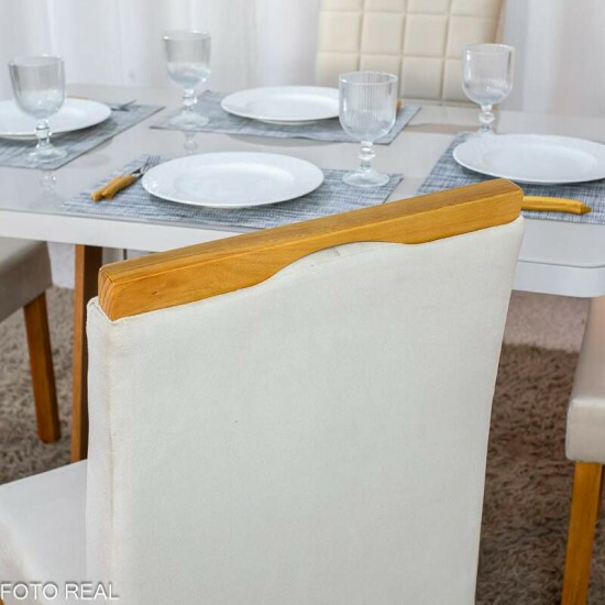 Mesa de Jantar Sintonia 120x80 Tampo Vidro Off Base Am�ndoa/Off Lopas + 4 Cadeiras Roma Jolie Veludo Bege 100 WM Decor - Entregue Montada