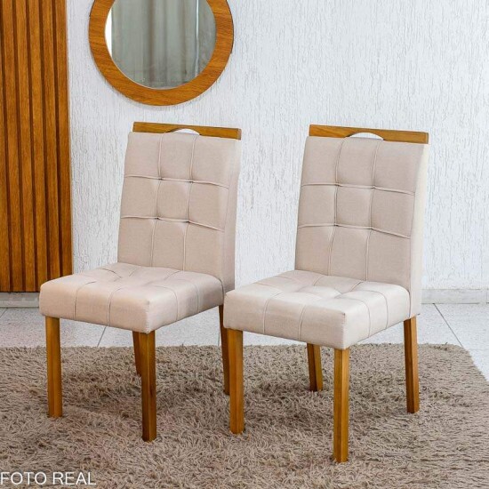 Mesa de Jantar Sintonia 120x80 Tampo Vidro Off Base Am�ndoa/Off - Lopas + 4 Cadeiras Sophia Linho Bege 200 Madeira WM Decor - Entregue Montada