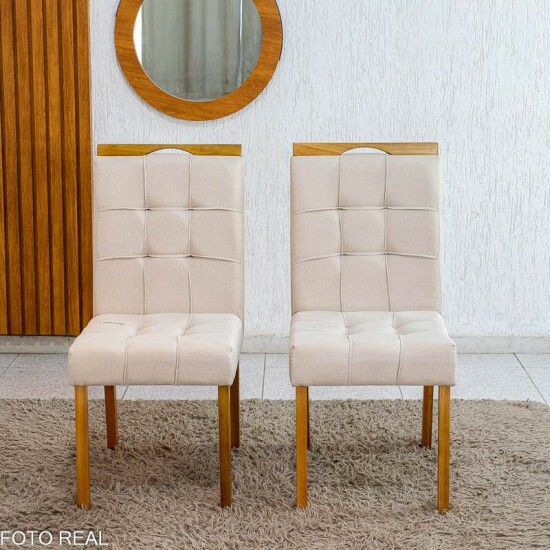 Mesa de Jantar Sintonia 120x80 Tampo Vidro Off Base Am�ndoa/Off - Lopas + 4 Cadeiras Sophia Linho Bege 200 Madeira WM Decor - Entregue Montada