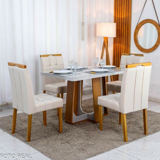 Mesa de Jantar Sintonia 120x80 Tampo Vidro Off Base Am�ndoa/Off - Lopas + 4 Cadeiras Sophia Linho Bege 200 Madeira WM Decor - Entregue Montada