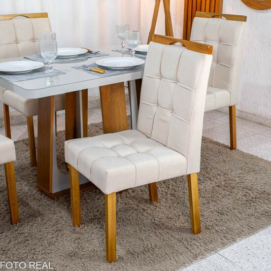 Mesa de Jantar Sintonia 120x80 Tampo Vidro Off Base Am�ndoa/Off - Lopas + 4 Cadeiras Sophia Linho Bege 200 Madeira WM Decor - Entregue Montada