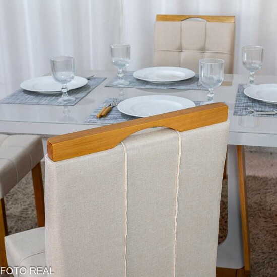 Mesa de Jantar Sintonia 120x80 Tampo Vidro Off Base Am�ndoa/Off - Lopas + 4 Cadeiras Sophia Linho Bege 200 Madeira WM Decor - Entregue Montada