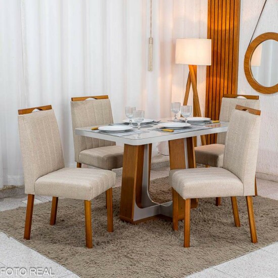 Mesa de Jantar Sintonia 120x80 Tampo Vidro Off Base Am�ndoa/Off - Lopas + 4 Cadeiras Isabela Linho Bege 01 Madeira KM Decor - Entregue Montada