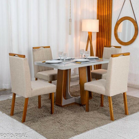 Mesa de Jantar Sintonia 120x80 Tampo Vidro Off Base Am�ndoa/Off - Lopas + 4 Cadeiras Isabela Linho Bege 01 Madeira KM Decor - Entregue Montada
