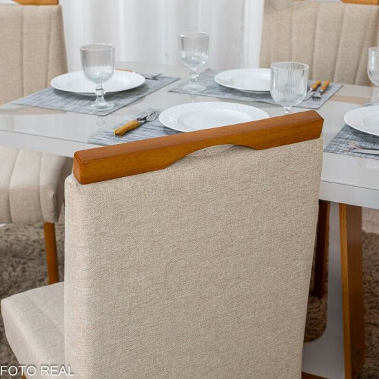 Mesa de Jantar Sintonia 120x80 Tampo Vidro Off Base Am�ndoa/Off - Lopas + 4 Cadeiras Isabela Linho Bege 01 Madeira KM Decor - Entregue Montada