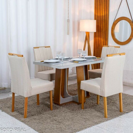 Mesa de Jantar Sintonia 120x80 Tampo Vidro Off Base Am�ndoa/Off - Lopas + 4 Cadeiras Gabi Linho Bege Claro A Estrutura Madeira Bom Lar - Entregue Montada