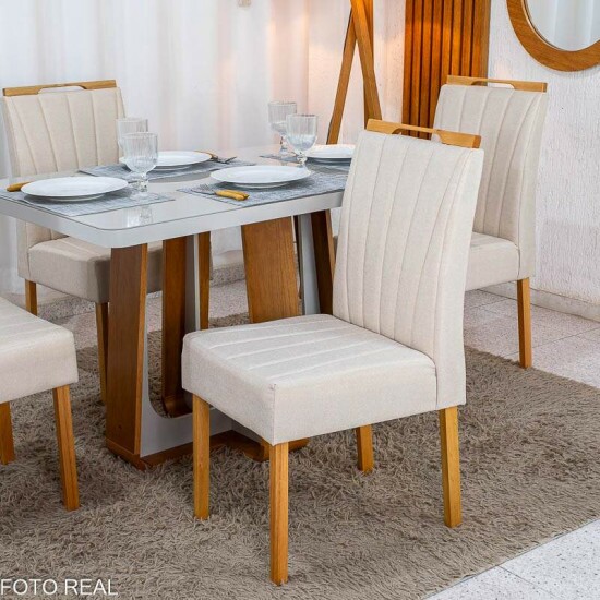 Mesa de Jantar Sintonia 120x80 Tampo Vidro Off Base Am�ndoa/Off - Lopas + 4 Cadeiras Gabi Linho Bege Claro A Estrutura Madeira Bom Lar - Entregue Montada