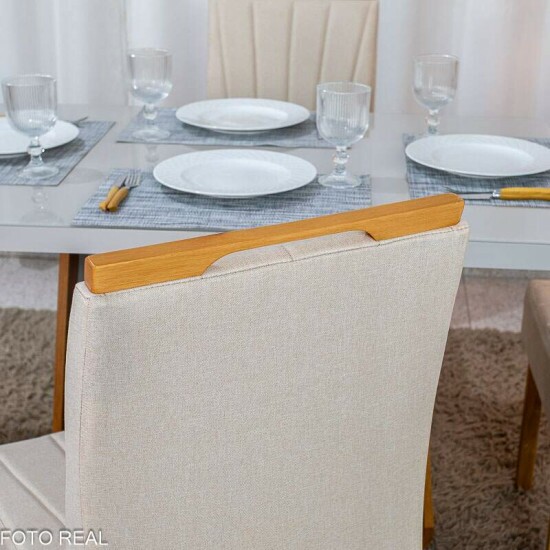Mesa de Jantar Sintonia 120x80 Tampo Vidro Off Base Am�ndoa/Off - Lopas + 4 Cadeiras Gabi Linho Bege Claro A Estrutura Madeira Bom Lar - Entregue Montada