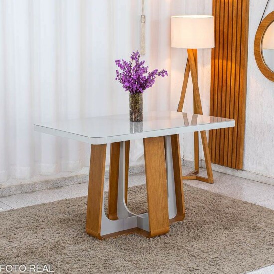 Mesa de Jantar Sintonia 120x80 Tampo Vidro Off Base Am�ndoa Off Lopas + 4 Cadeiras Gabi Linho Marrom Bom Lar - Entregue Montada