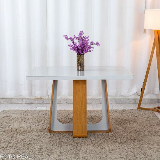 Mesa de Jantar Sintonia 120x80 Tampo Vidro Off Base Am�ndoa Off Lopas + 4 Cadeiras Gabi Linho Marrom Bom Lar - Entregue Montada