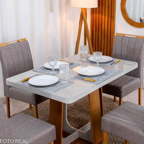 Mesa de Jantar Sintonia 120x80 Tampo Vidro Off Base Am�ndoa Off Lopas + 4 Cadeiras Gabi Linho Marrom Bom Lar - Entregue Montada