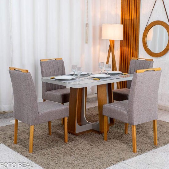 Mesa de Jantar Sintonia 120x80 Tampo Vidro Off Base Am�ndoa Off Lopas + 4 Cadeiras Gabi Linho Marrom Bom Lar - Entregue Montada