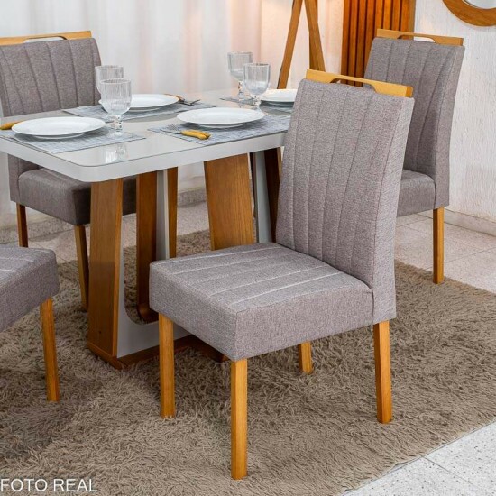 Mesa de Jantar Sintonia 120x80 Tampo Vidro Off Base Am�ndoa Off Lopas + 4 Cadeiras Gabi Linho Marrom Bom Lar - Entregue Montada